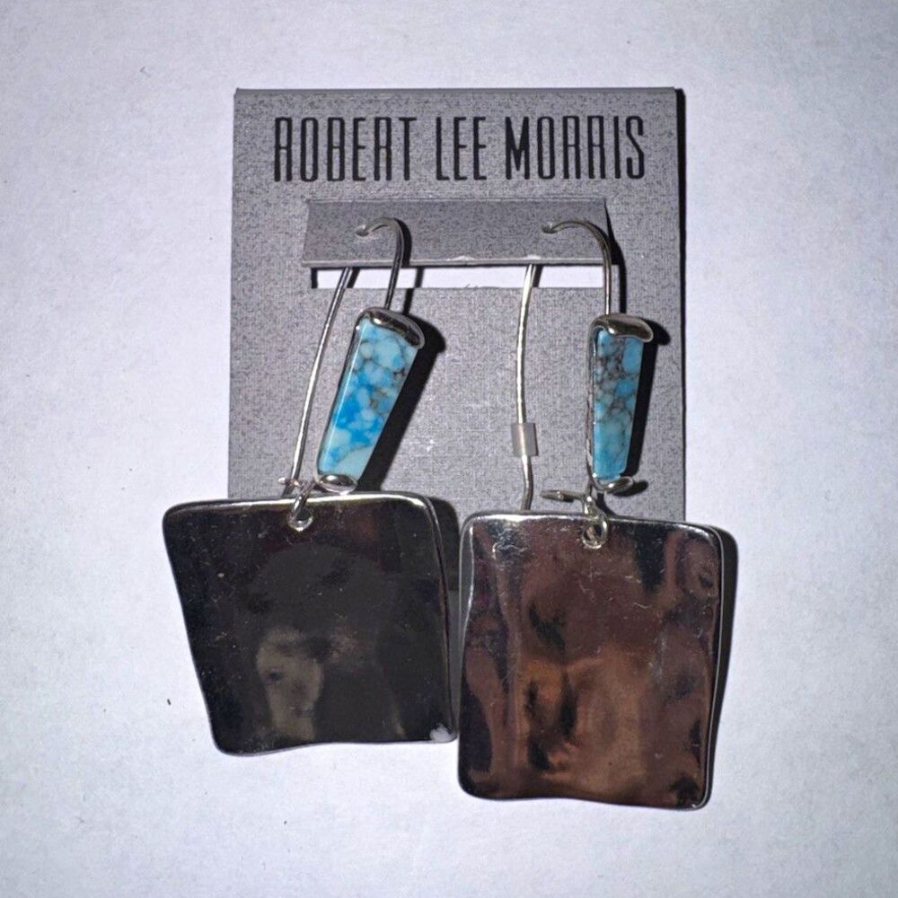 Robert Lee Morris Silver Tone Turquoise Rectangle Dangle/Drop Earrings Hook